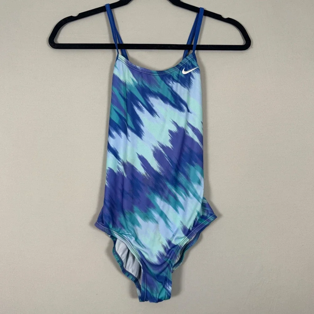 Nike Swimsuit Set Girls Size 10-12 Black & Blue Abstract One Piece Excellent
